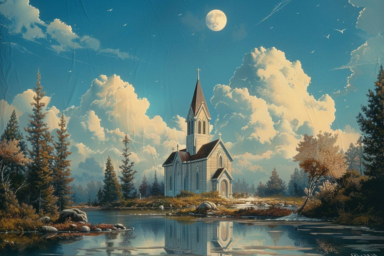In the style of Peter Elson, stunning natural landscape, church