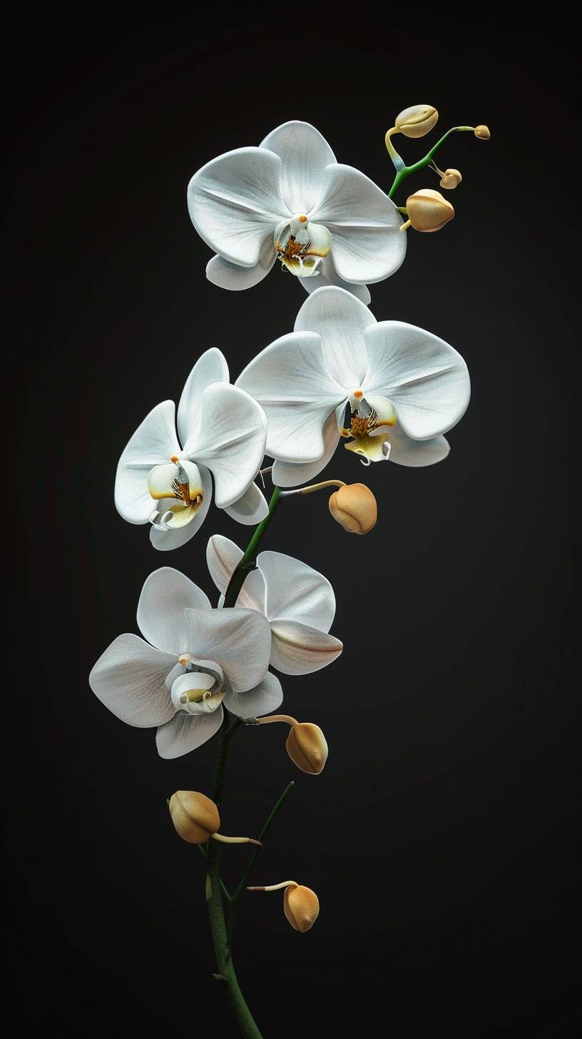 Hyper realistic, ultra detailed white single orchid on a black background