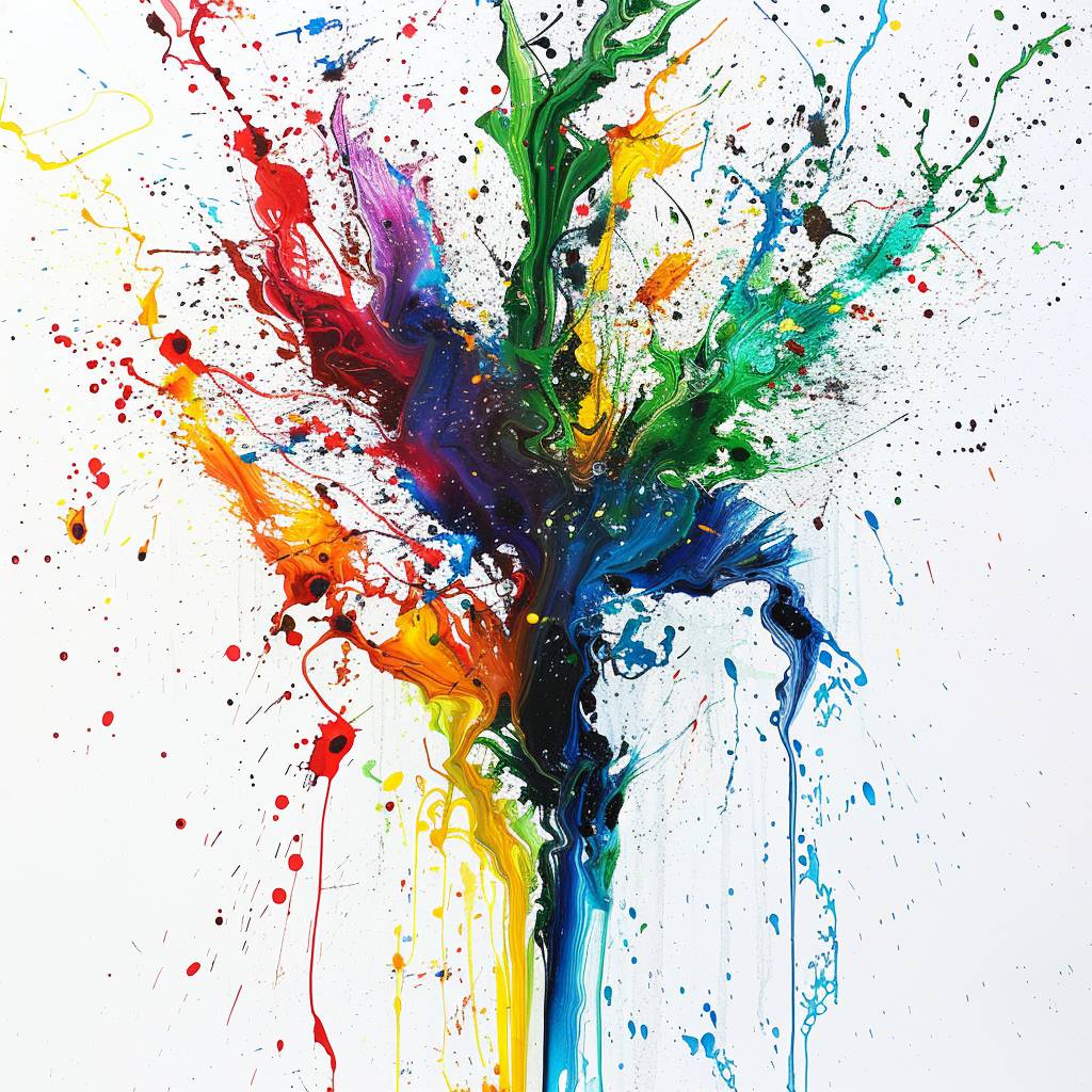 A splatter painting of an [Subject] in [Color1] and [Color2] paint, white background, centric, dripping and splashing effects, flat, 2D, fine brush strokes, artistic and expressive.