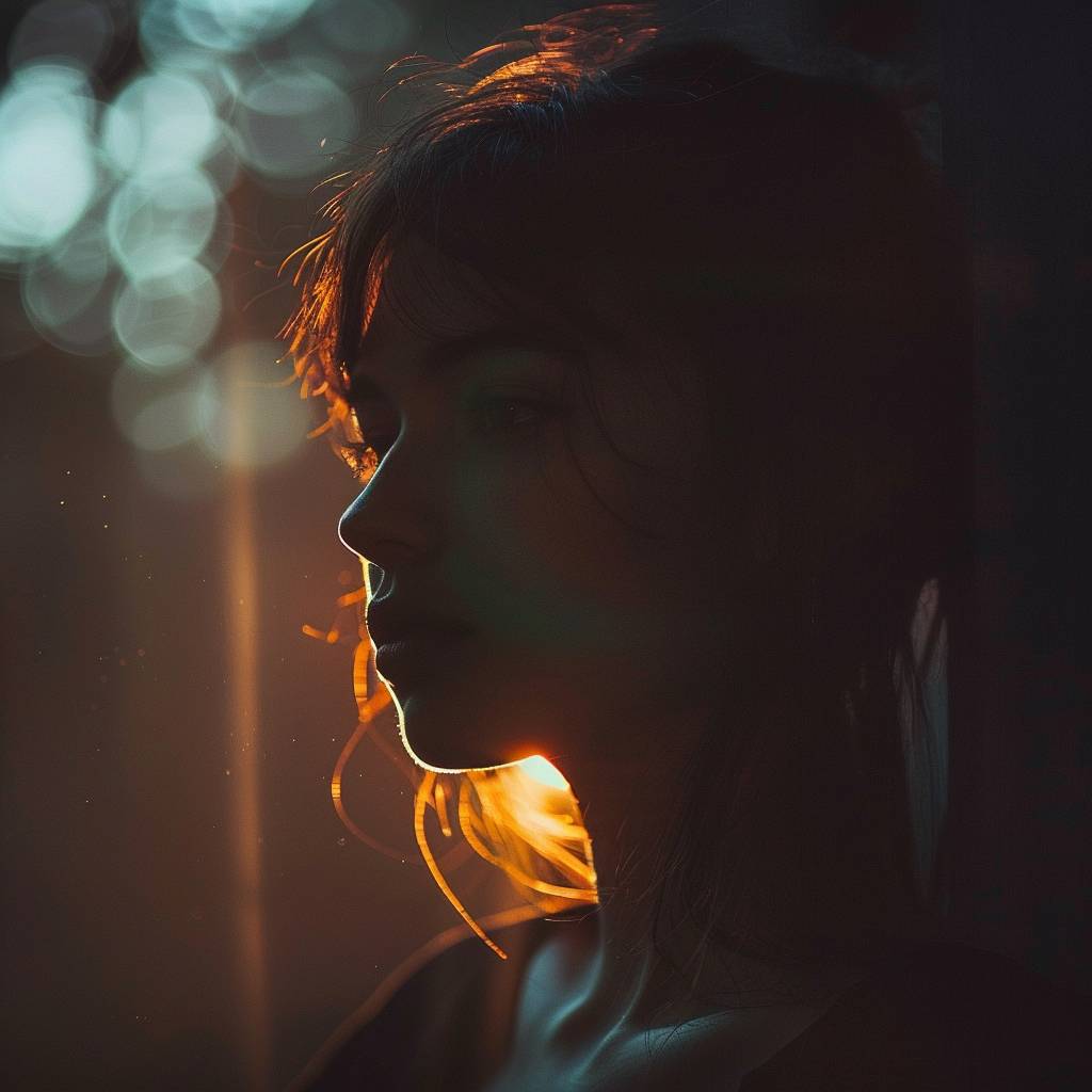 A photograph of [SUBJECT] against a dark background with a mysterious atmosphere and cool color tones, featuring soft side lighting in the portrait photography style with high contrast between light and shadow, glow effect, light leak, bokeh. --v 6.0