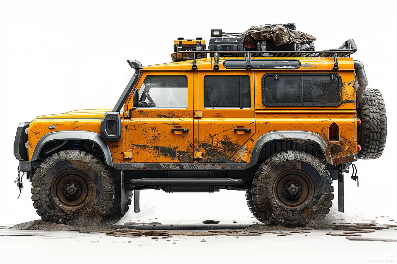 Land Rover Defender 100, designed, side view, illustration, Yellow, Sahara, Dakar, digital art, hyperdetailed, hyper realistic, art station, autogram, cargram, overlander, explorer vehicle, Matthew Hoss, Dieter Rams, 10 and 2, unreal engine, 32k, 4k, white background