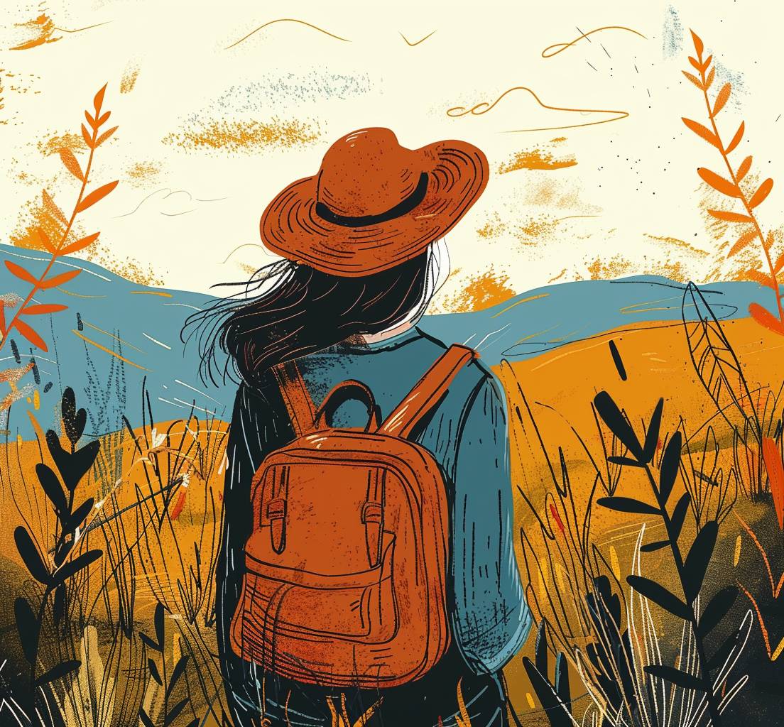 A handdrawn illustration, featuring a woman with a hat hiking on the field, sunny, vibrant colors like orange, black, and blue, bold lines.