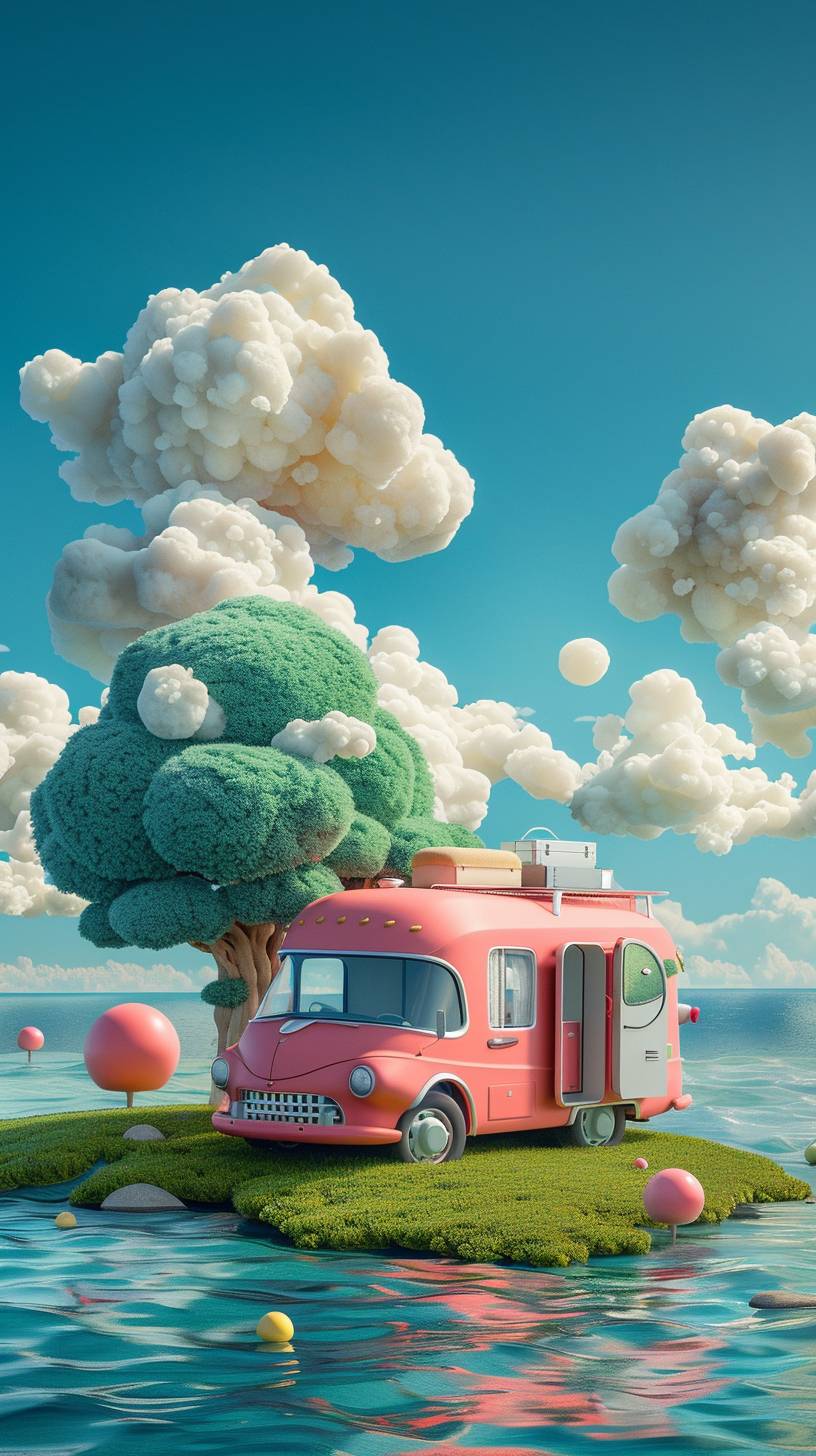 Advertisement with a trailer and a vehicle on top green grass, in the style of cute cartoonish designs, dreamlike visuals, soft sculptures, webcam, bright colors, bold shapes, coastal landscapes, capturing moments.