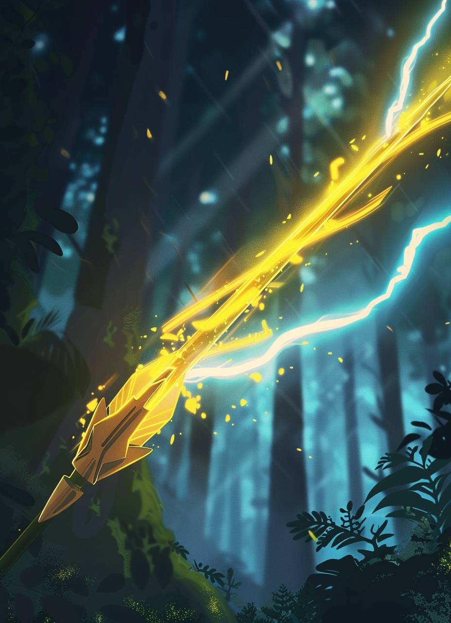 黄色い発光する矢印の先端のアップビュー、黄色と青の雷光のオーラ。弓術。遠くから見た。全景。ファンタジーの森の戦場の背景。詳細。漫画のアートワークスタイル。