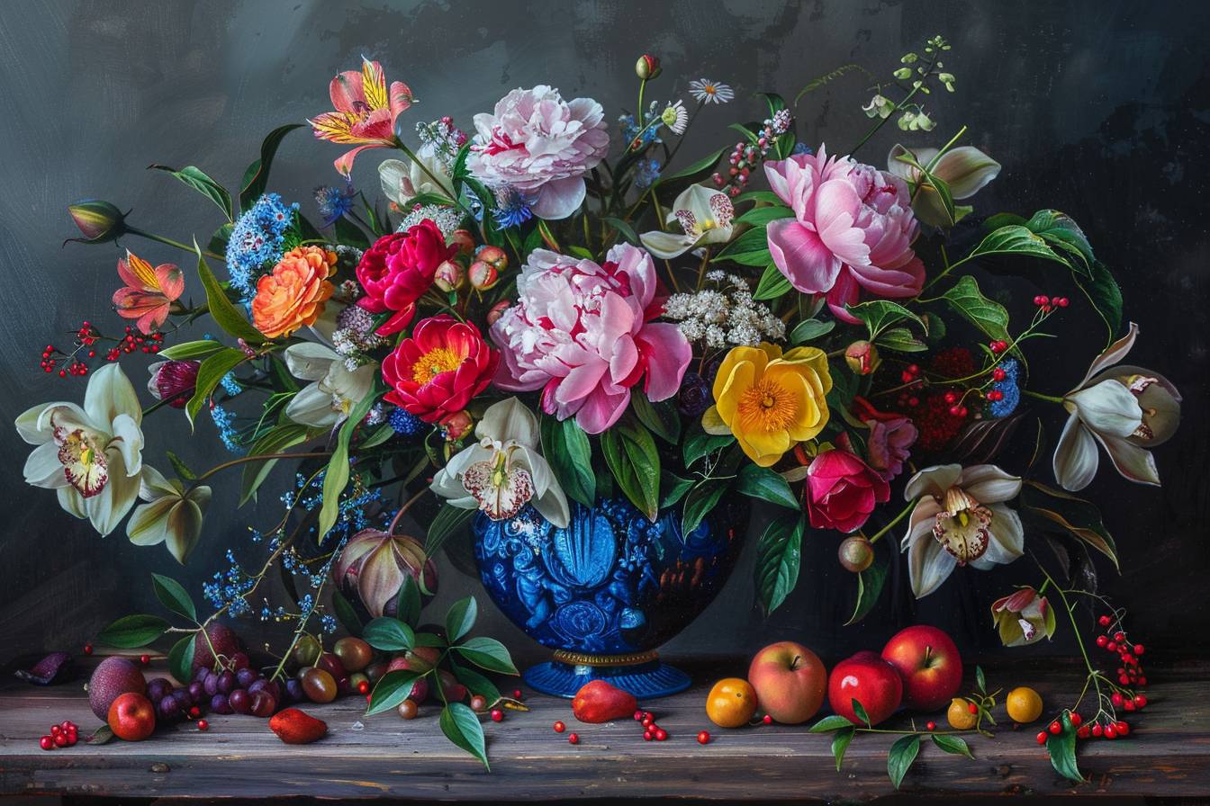 A large, colorful bouquet of flowers in an old blue glass vase on the table. In front is one beautiful peony flower surrounded by various other blossoms like roses, lilies, daisies, orchids, fruits, berries, green leaves. The background is dark gray. Oil painting in the style of the Dutch Golden Age --ar 3:2  --v 6.0