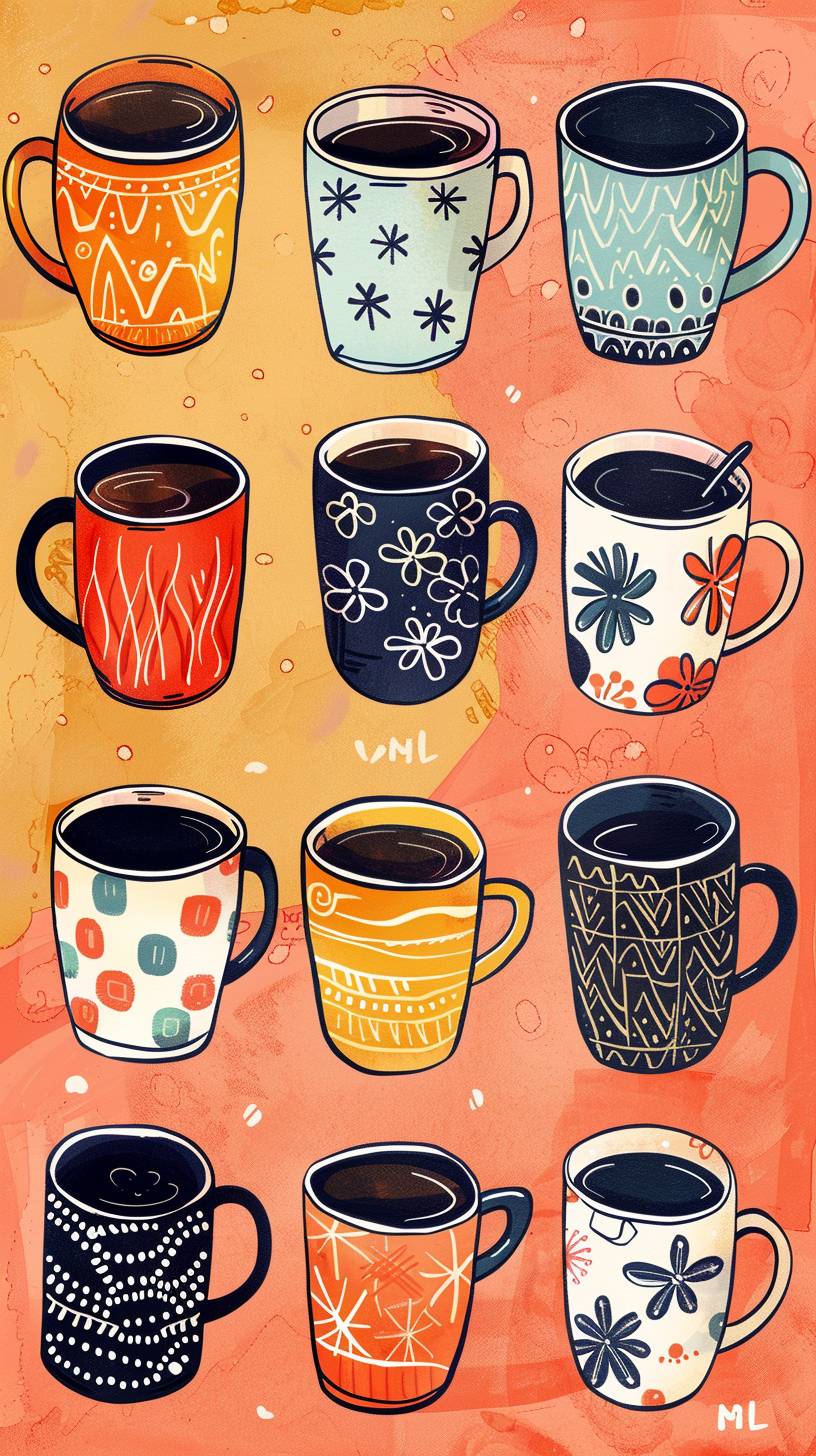 Illustration print of a bunch of coffee mugs in a variety of designs, on a color background --ar 9:16  --v 6.0