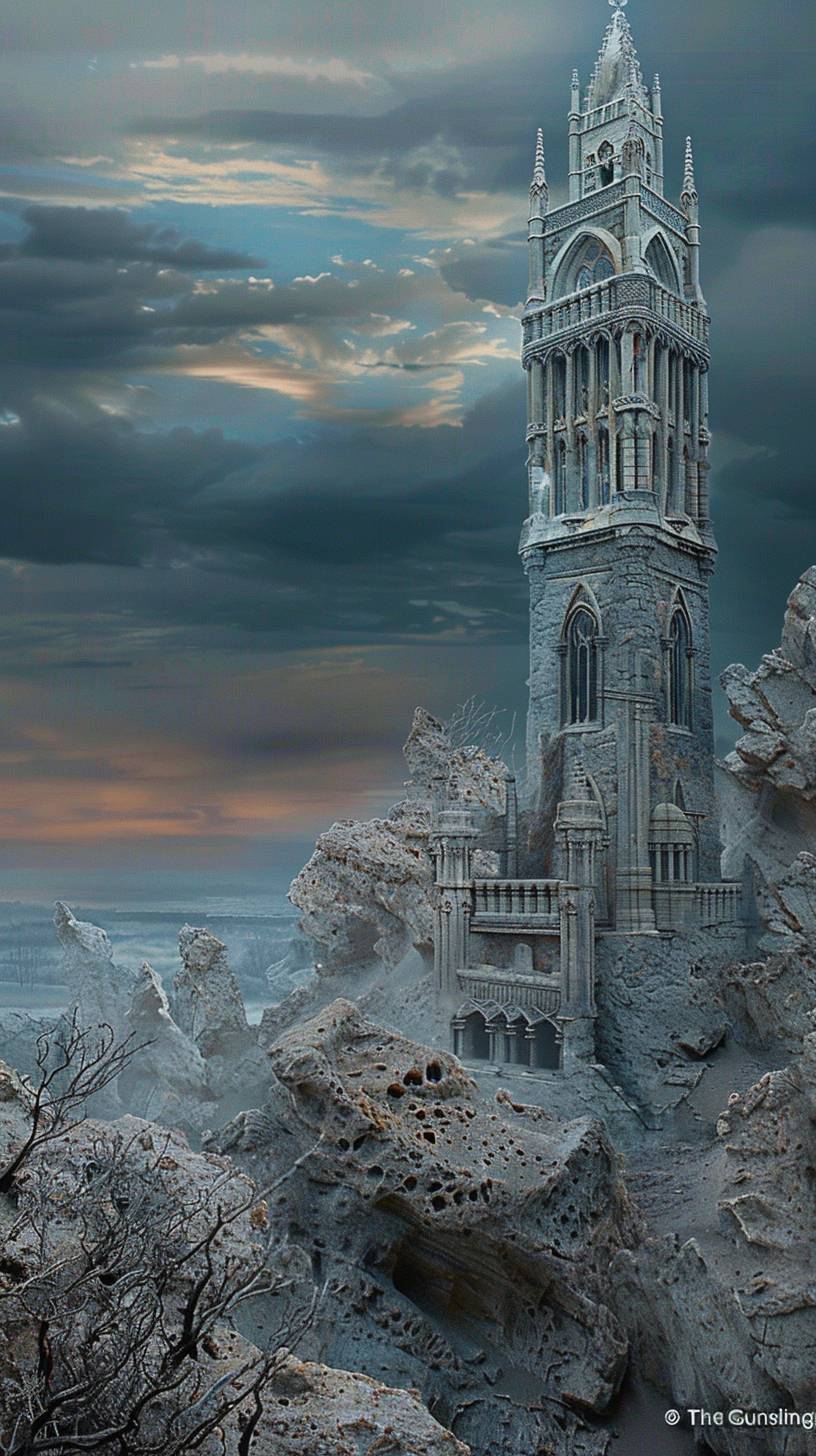 Lego blocks; dark, imposing lines; monumental, foreboding forms; sharp, angular angles; muted color palette with shades of black, grey, and deep blue; depiction of the Black Tower from Stephen King's 'The Gunslinger,' emphasizing realism and architectural grandeur; the tower looms ominously over a desolate landscape, surrounded by twisted, dead trees and rocky terrain; wide-angle perspective with the Black Tower as the focal point, dominating composition; dramatic, high-contrast lighting with deep shadows and eerie glows; detailed textures of ancient stone, weathered surfaces, and an oppressive, haunting atmosphere.