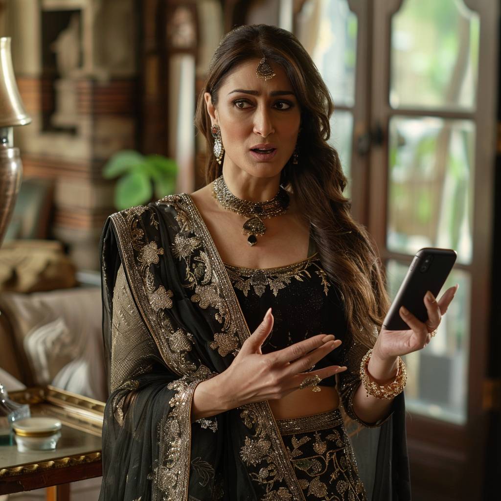 Indian actress Kareena Kapoor is holding a phone in one hand which is facing front, and she is pointing toward the phone from the other hand.