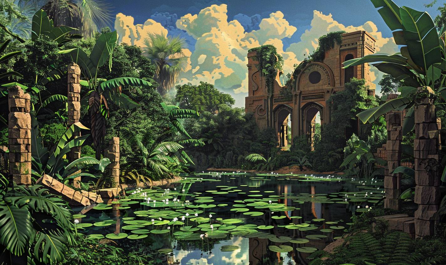 In the style of Henri Rousseau, Forgotten ruins of a lost civilization