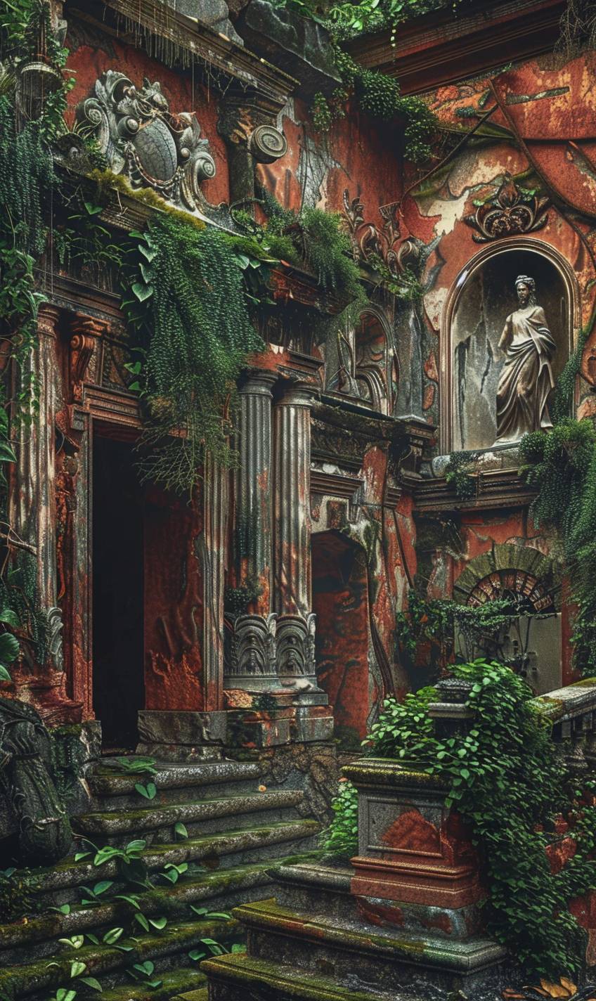 Ancient ruins with crumbling structures, statues, and overgrown vines, all composed of bold, colorful patterns, showcasing a 3D effect, creating a sense of history and mystery.