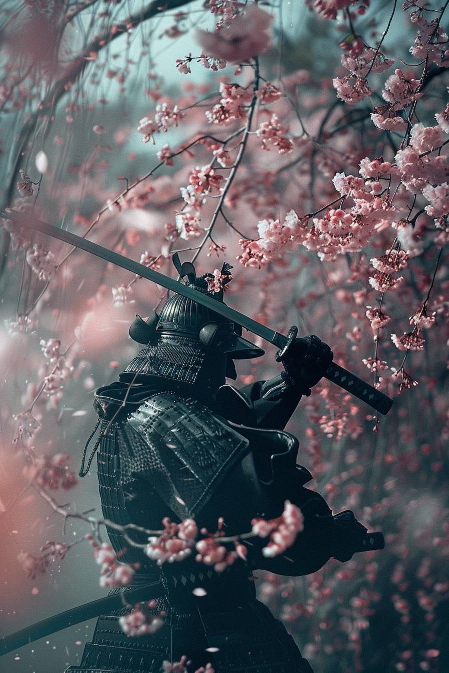 アンリ・ルソー風のスタイルで、武士戦士が桜の木の下でスキルを磨いています