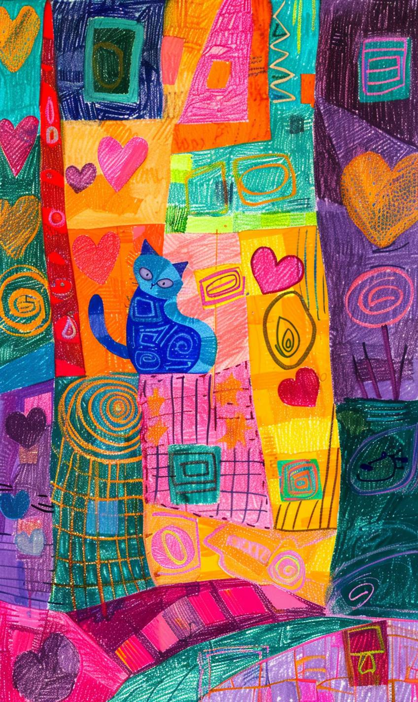 Risograph artwork featuring a holographic scene with a cat, created using oil pastels in the art style of Itzchak Tarkay. The design includes many heart patterns and showcases rich front and back views. Color blocks are expressed in a simplistic way, reminiscent of surrealism. The colors are mainly bright and colorful, resembling the roughness of oil painting and sketchy fauvism, in the style of Maira Kalman and Matisse. The parameter information has been filtered.