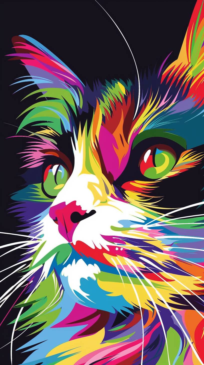 Vector art, close-up of a cat's face with vibrant colors, focusing on lines and geometric shapes, close framing highlighting the eyes and facial details, soft lighting with shading to emphasize the forms, contrasting color palette, modern style, no background