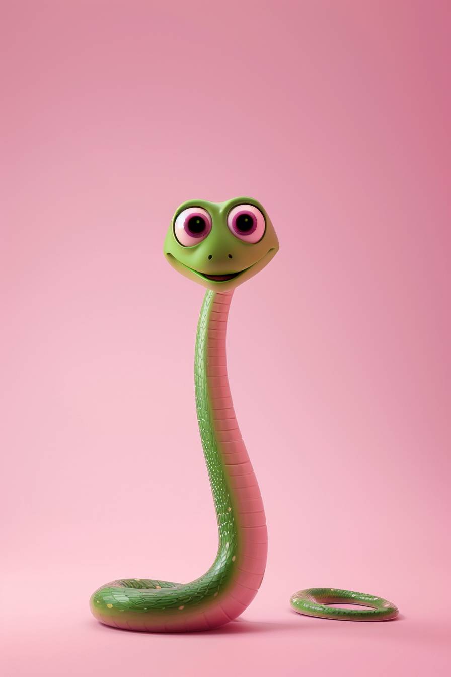 A cute small Joyful pink green snake, with a happy expression. Pixar animation style, ID photo background is pink, with a half side composition. Standing, the whole body is centered, hard light, strong light sense, made in C4D, 8K, high-definition quality