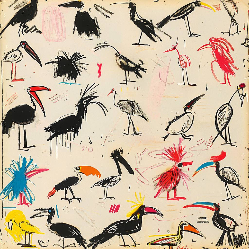 Jean-Michel Basquiat's design for a sticker set depicting various types of birds. Evenly distributed composition, clean white background.
