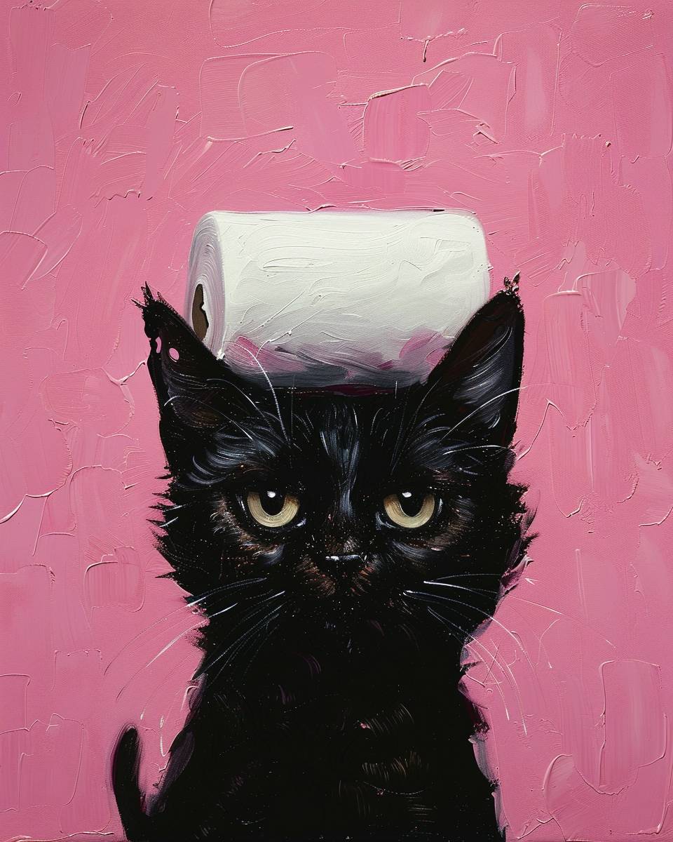 Smooth oil painting, black cat peekabooing from the bottom of the canvas with a toilet paper roll on his head, pink background, preppy pink colors --ar 4:5  --v 6.0