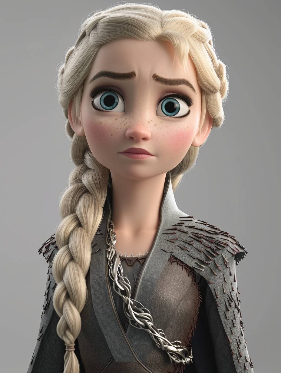 Cartoon Daenerys Targaryen, 3D rendering style, Disney style, full body, exquisite details, simple design, simple grey background