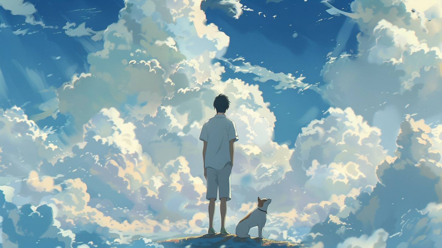 白いシャツを着た男性と犬が雲を見つめるセルシェーディングのアニメスタイル、スタジオジブリや新海誠のような。