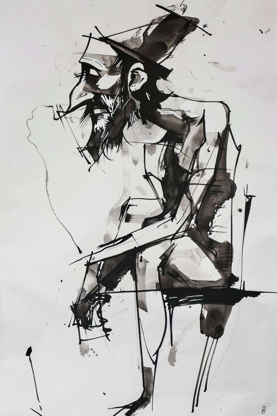 In style of M.F. Husain, character, ink art, side view
