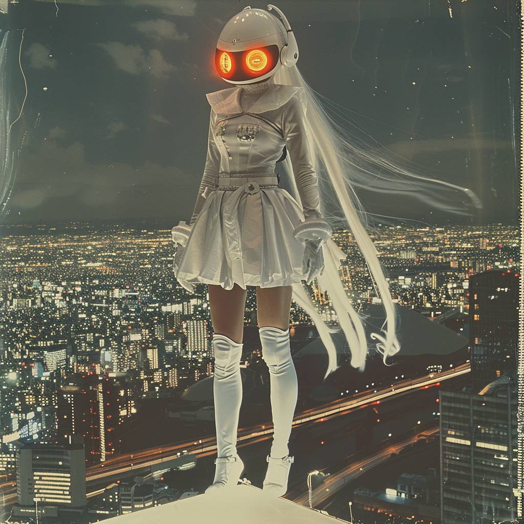 Dark terror, technological polaroid, eye level shot, front view, levitating white cyborg witch, orange glowing eyes, giant floating white hairs, beautiful legs and chest, levitating over a post futuristic Tokyo skyline, night, hologram propagandas