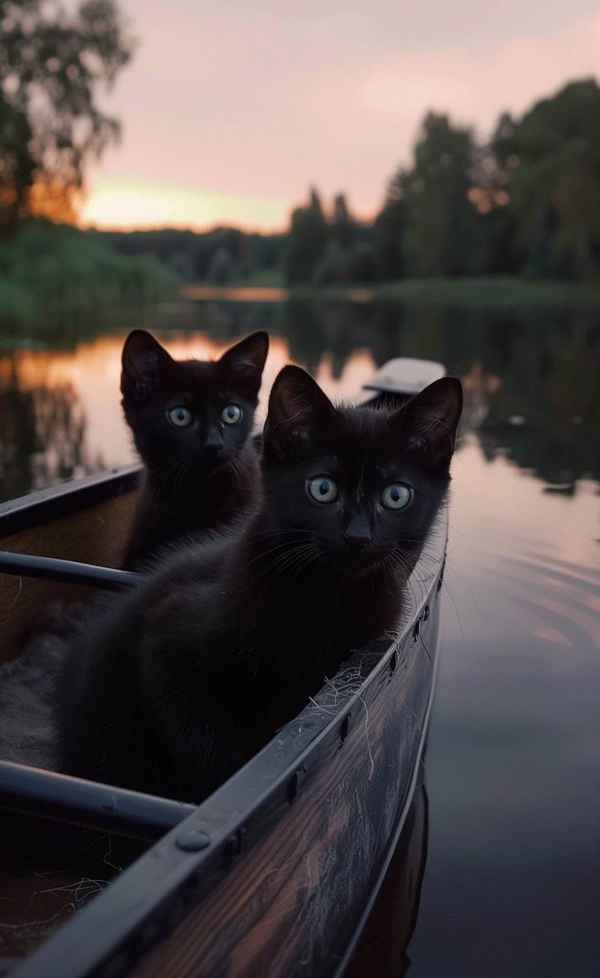 2018年、夕暮れ時、低いカメラアングルで撮影された、湖の上のカヌーに乗る2匹の緑の目をした黒い猫の携帯動画が、Snapchatに投稿されました。