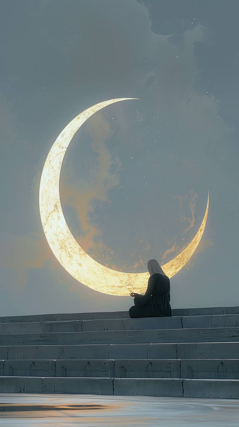 Surrealism, minimalist style, a giant crescent moon in the sky, a monk meditating on it, minimalist abstract style, 8k resolution, shot with a 1200mm lens, in light gray and gold, with strong shadows, Eastern imagery, a pure background.