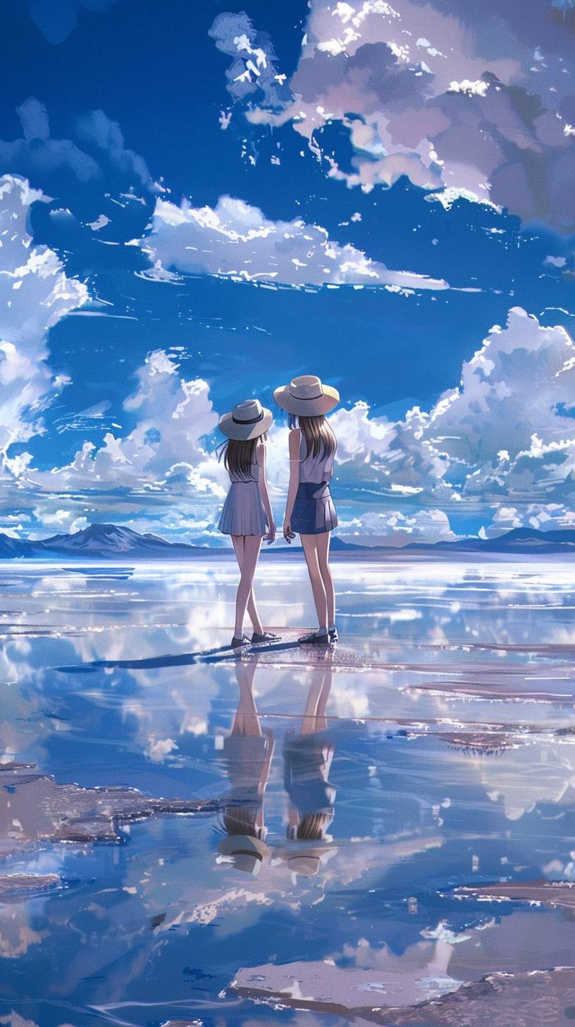 Makoto Shinkai style, two girls standing on Salar de Uyuni, teenager, casual dress, wearing a hat, daytime