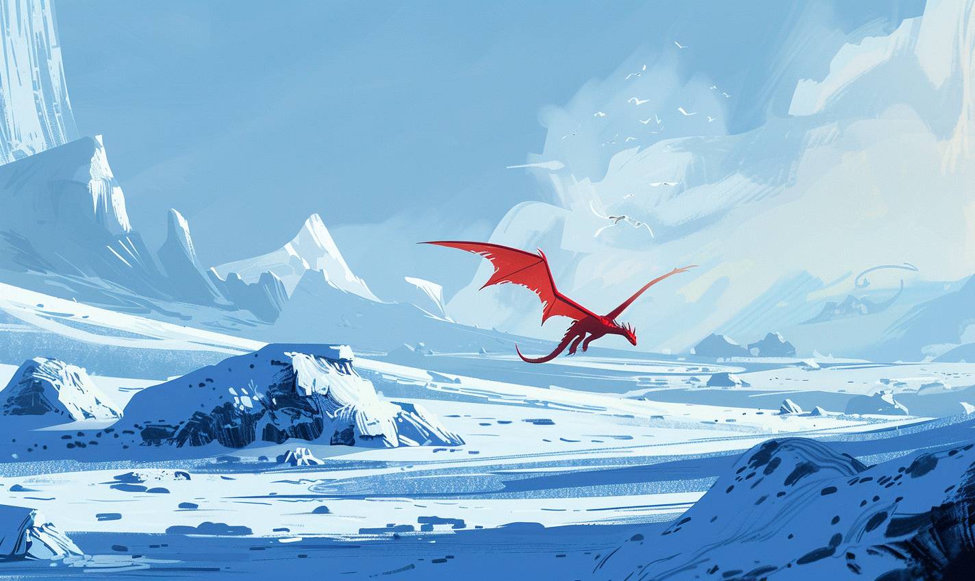 In the style of Jean Jullien, an ice dragon soaring over a frozen landscape