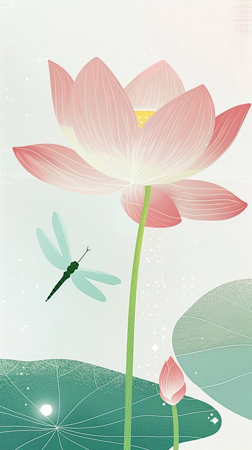 Summer Solstice, minimalist style, simple lines, delicate brushstrokes, Lotus, Lotus Leaf, dragonfly, fresh green, fresh blue, soft colors, simple composition, rich details, gradient background, graphic design, creative poster, 16k