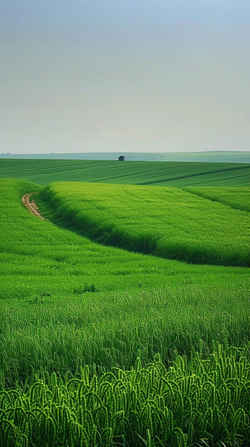 The vast and curved green rapeseed field, endless sky, clear sky, with a Chinese farmer working in the distance, shot with a long lens, telephoto lens, 8K, high quality, high detail.