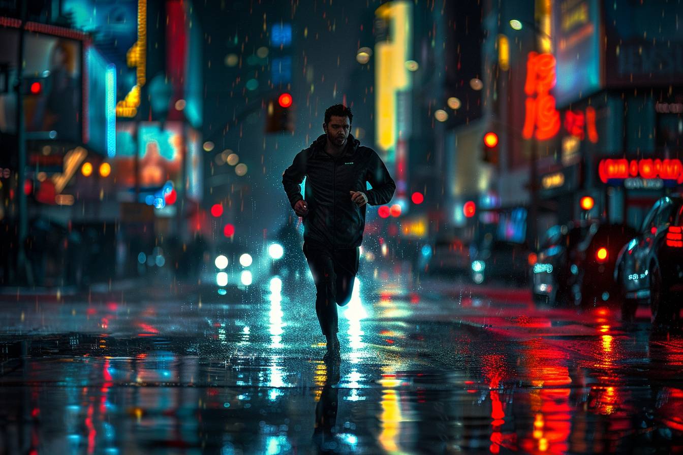 A man running through a rain-soaked city street at night, illuminated by neon lights reflecting off the wet pavement, with an intense expression of determination.