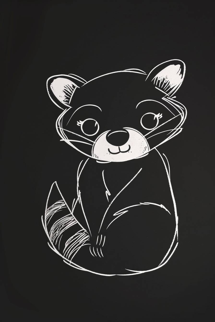 Create a very basic, minimalist white single-line drawing of a cartoon raccoon against an all-black background --ar 2:3 --v 6.0