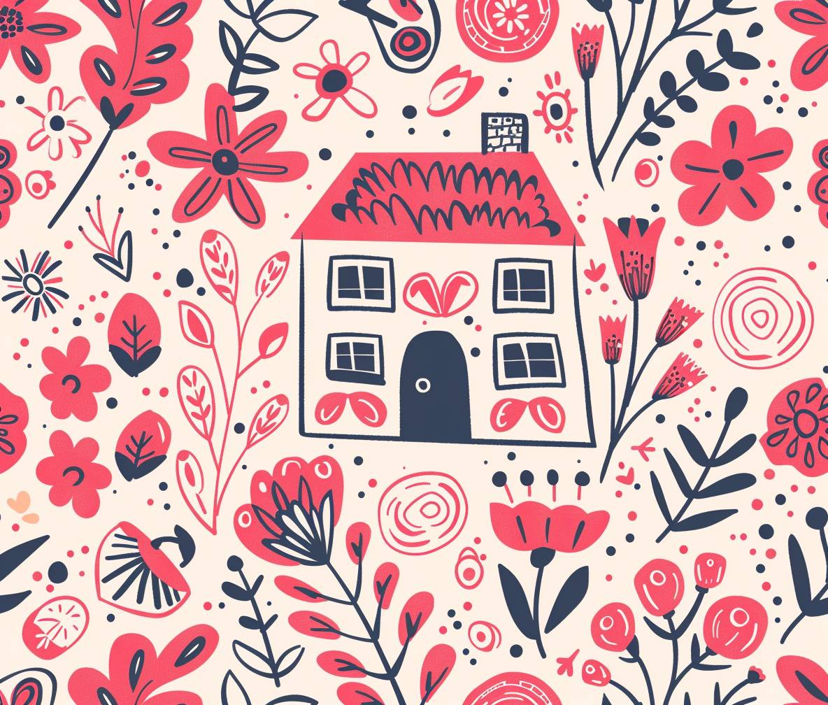 赤と淡いピンクのシームレスパターン、子供っぽい描画、花、家の落書き