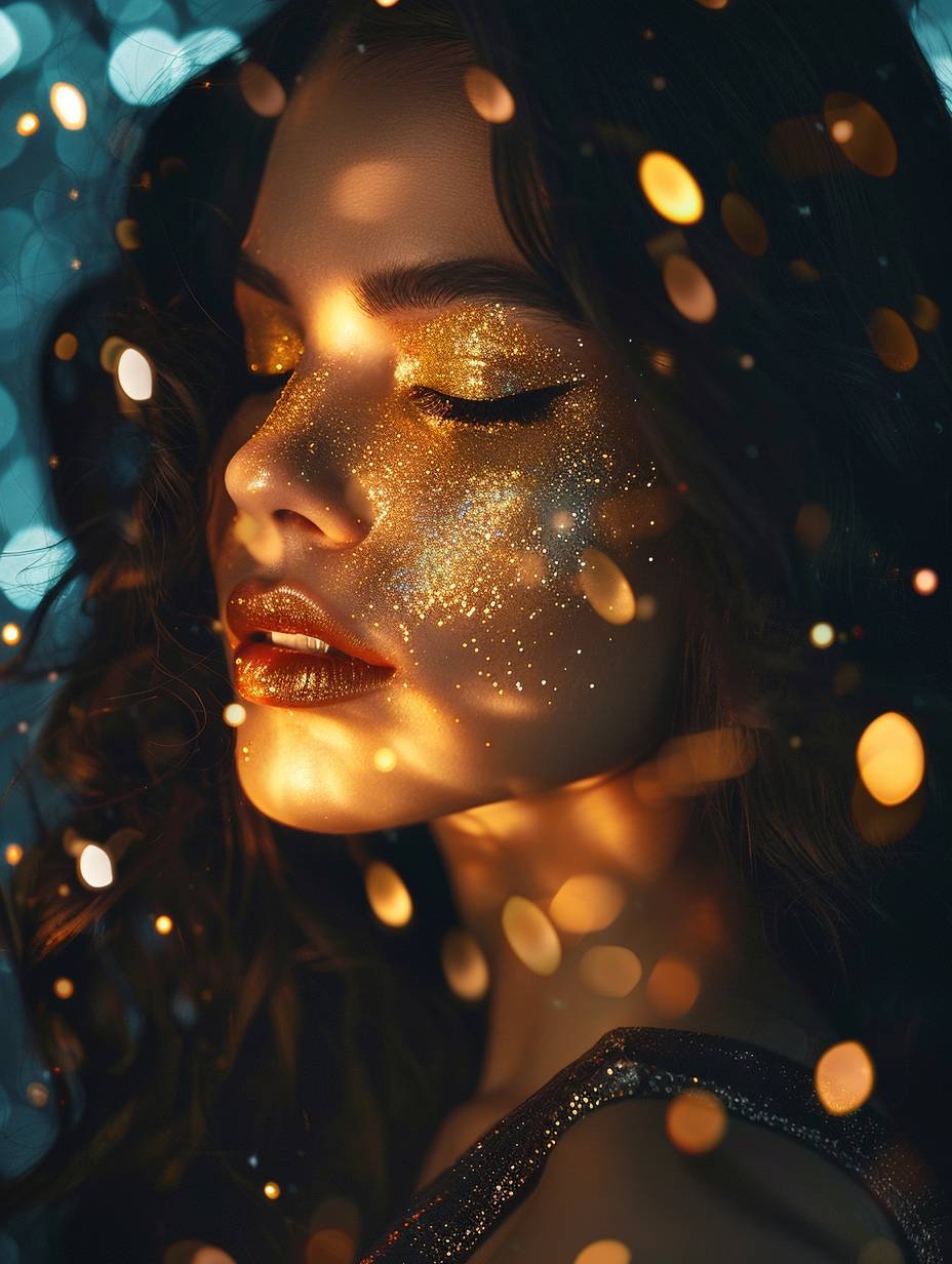 Portrait of a young, stunning woman with prismatic gold holographic makeup, spotlighted against a celestial background, surreal.