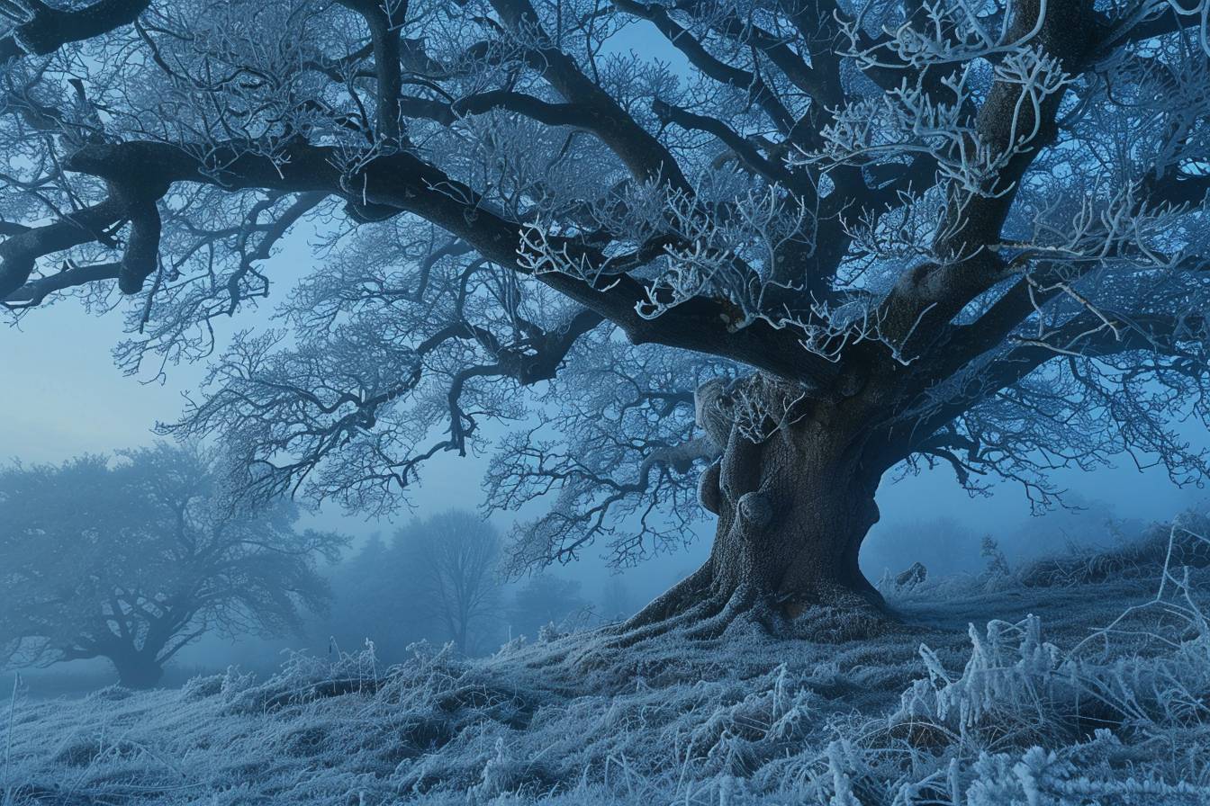 The ancient oak in 'Flickering Frost', frozen in time, captured by the moonlight white raw, untamed, and sapphire unyielding force of a cold, icy blizzard