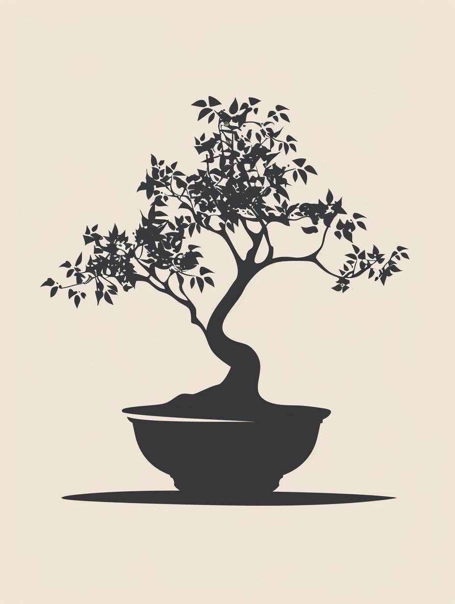 A minimalistic logo of a young bonsai tree in a vase, vector, monochrome