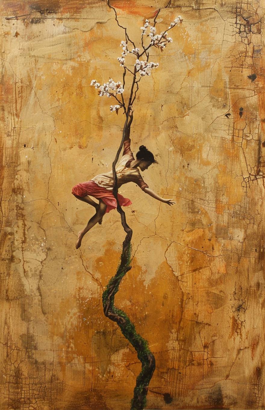 Painting of a woman dancing in a way that combines with the flower. The flower is very small in size, about one centimeter high, with only two or three branches growing on its stem. Each leaf grows straightly from that stem, and there's no other foliage around it.