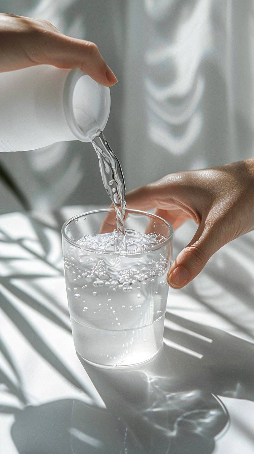 明るい環境で、上から平行な角度で見られると、白い断熱ガラス製のカップを持つ手が、水を別のカップに注いでいます。