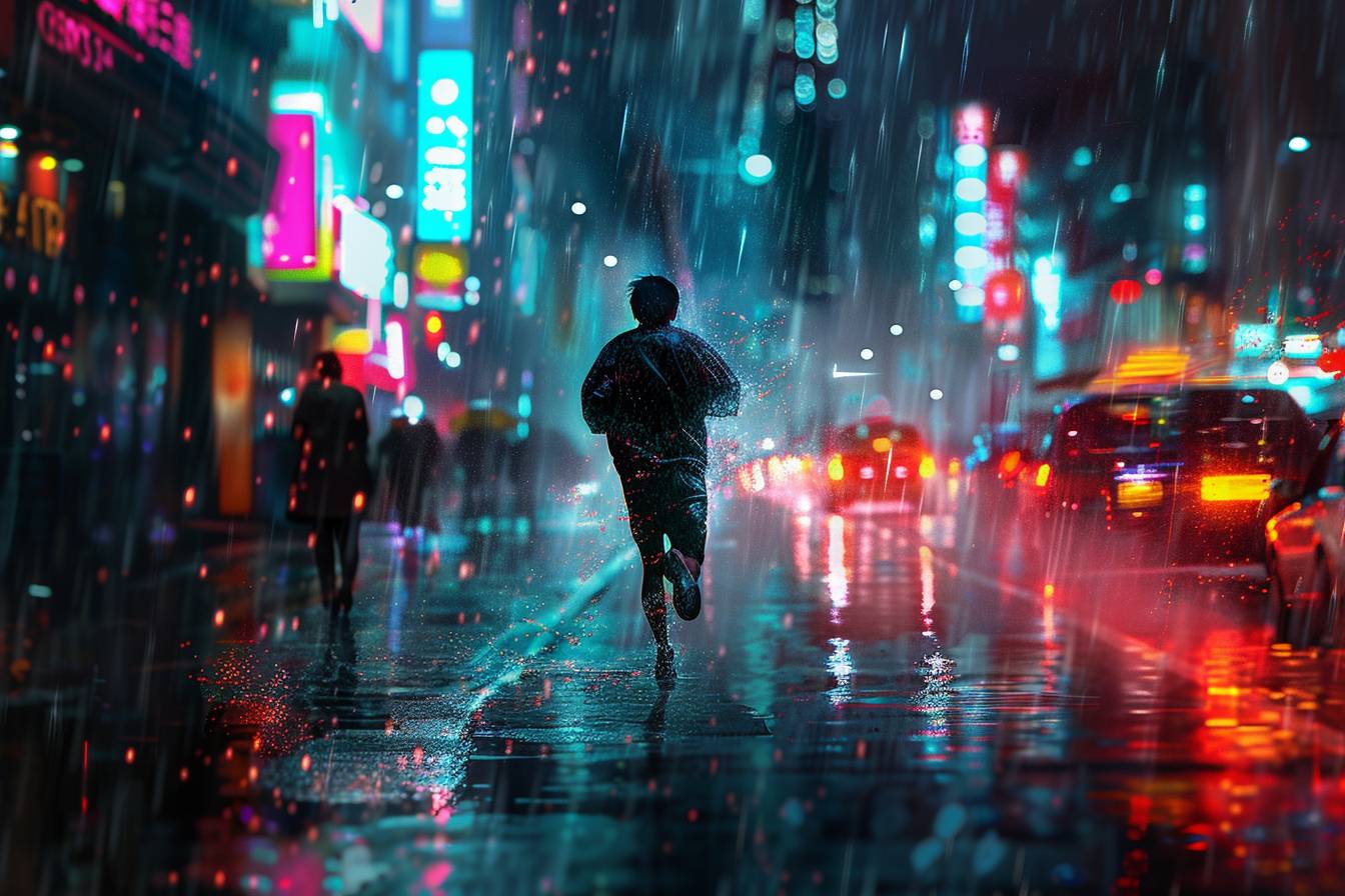 A man running through a rain-soaked city street at night, illuminated by neon lights reflecting off the wet pavement, with an intense expression of determination.