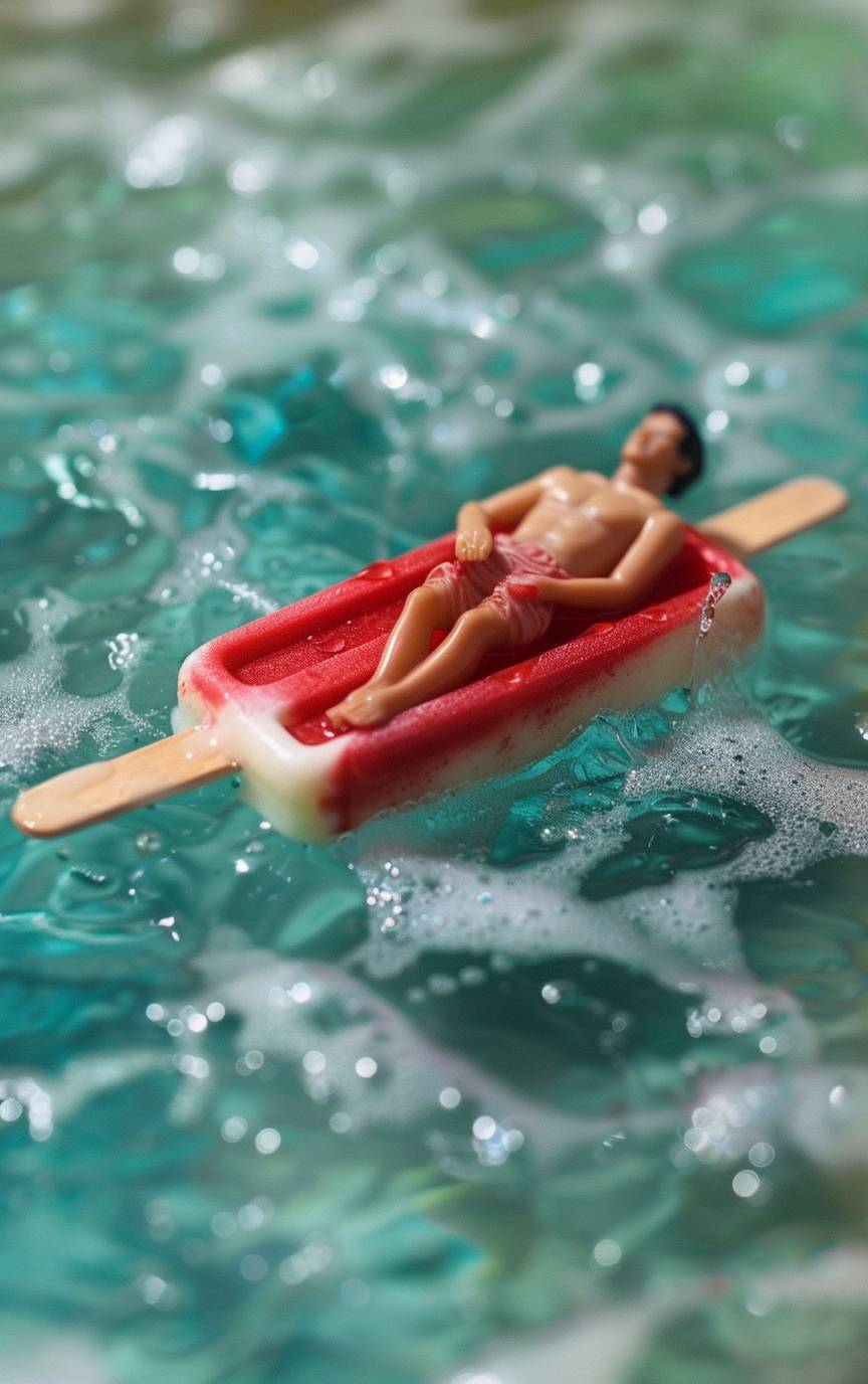 Miniature photography, clay material, simple scene, summer posters, a man is lying on a Popsicle floating in the water, the colors naturally express the coolness of summer and the ease of life