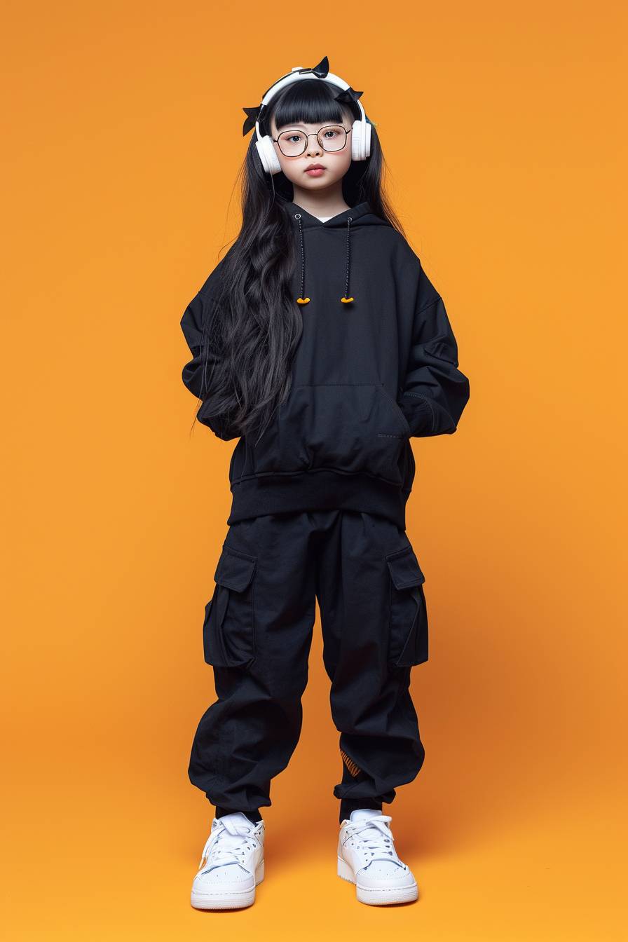 A cute Chinese girl with black long hair, wearing glasses and headphones on her head, dressed in trendy, stands upright against an orange background. She is also wearing white sneakers, while the photo captures full body shots of children. The model showcases various fashionable outfits for boys, including black cargo pants, sports jackets, baseball caps, t-shirts, jeans, etc., with high-definition photography and professional studio lighting. The photography is in the style of high resolution.