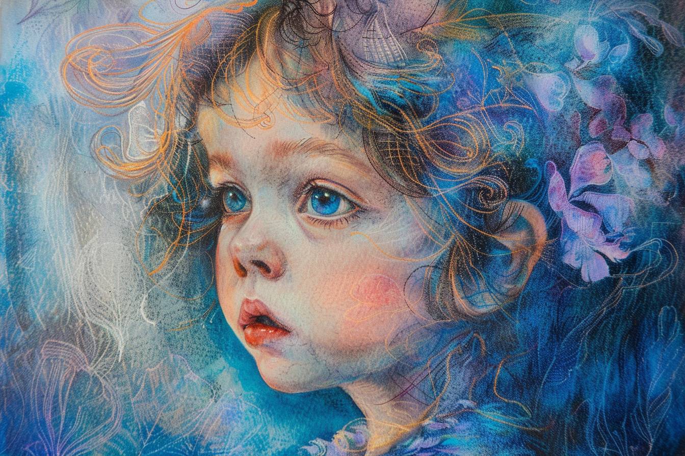 Child in the style of blue fantasy, vintage, pop surrealism, bright colors, pastel drawing.