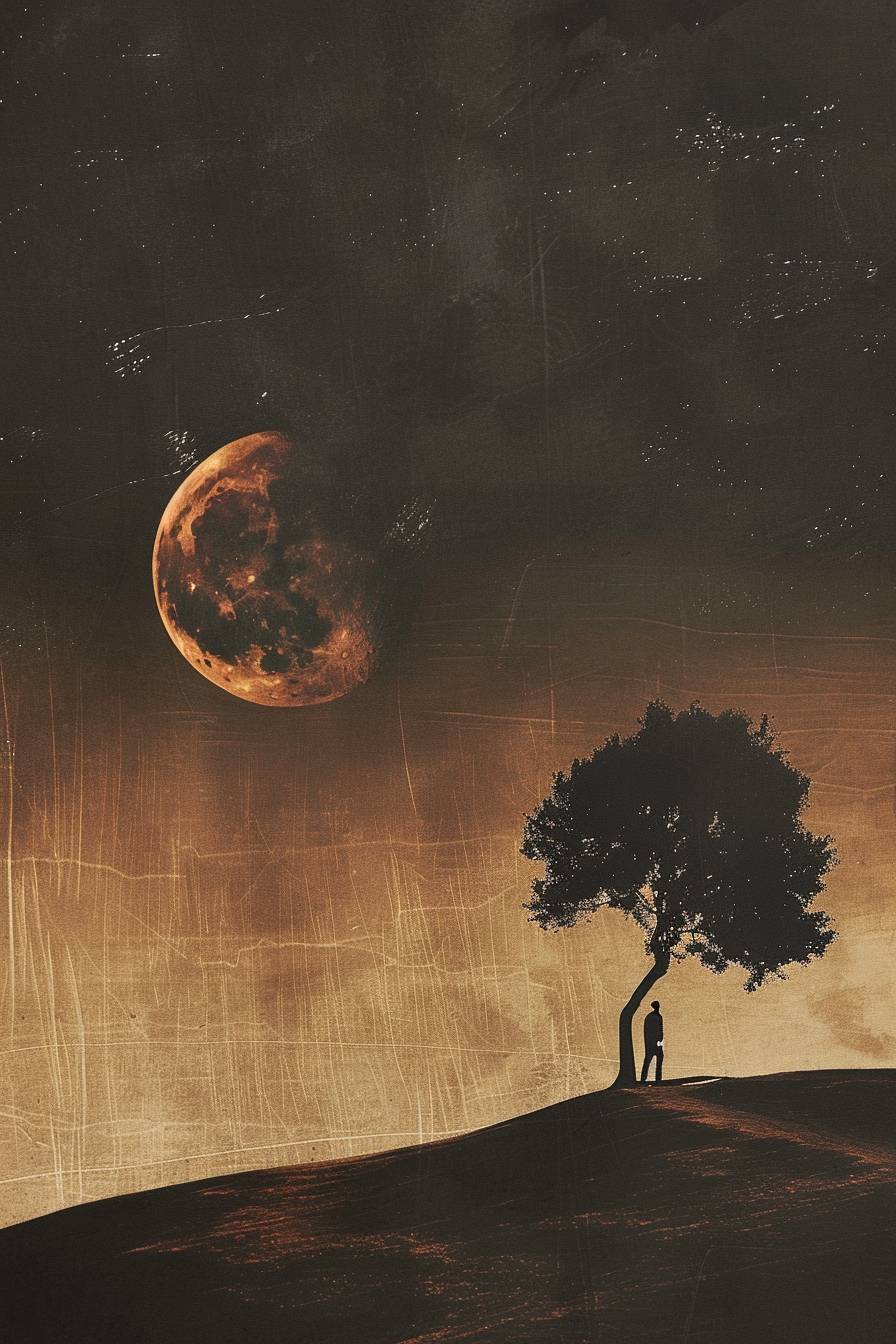 In the style of Jon Klassen, Lunar eclipse casting a shadow over the land