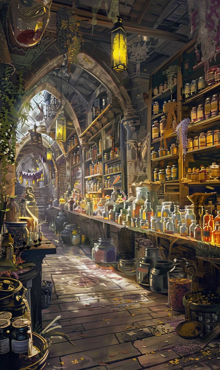 In the style of Claude Monet, a magical marketplace filled with potions and spells