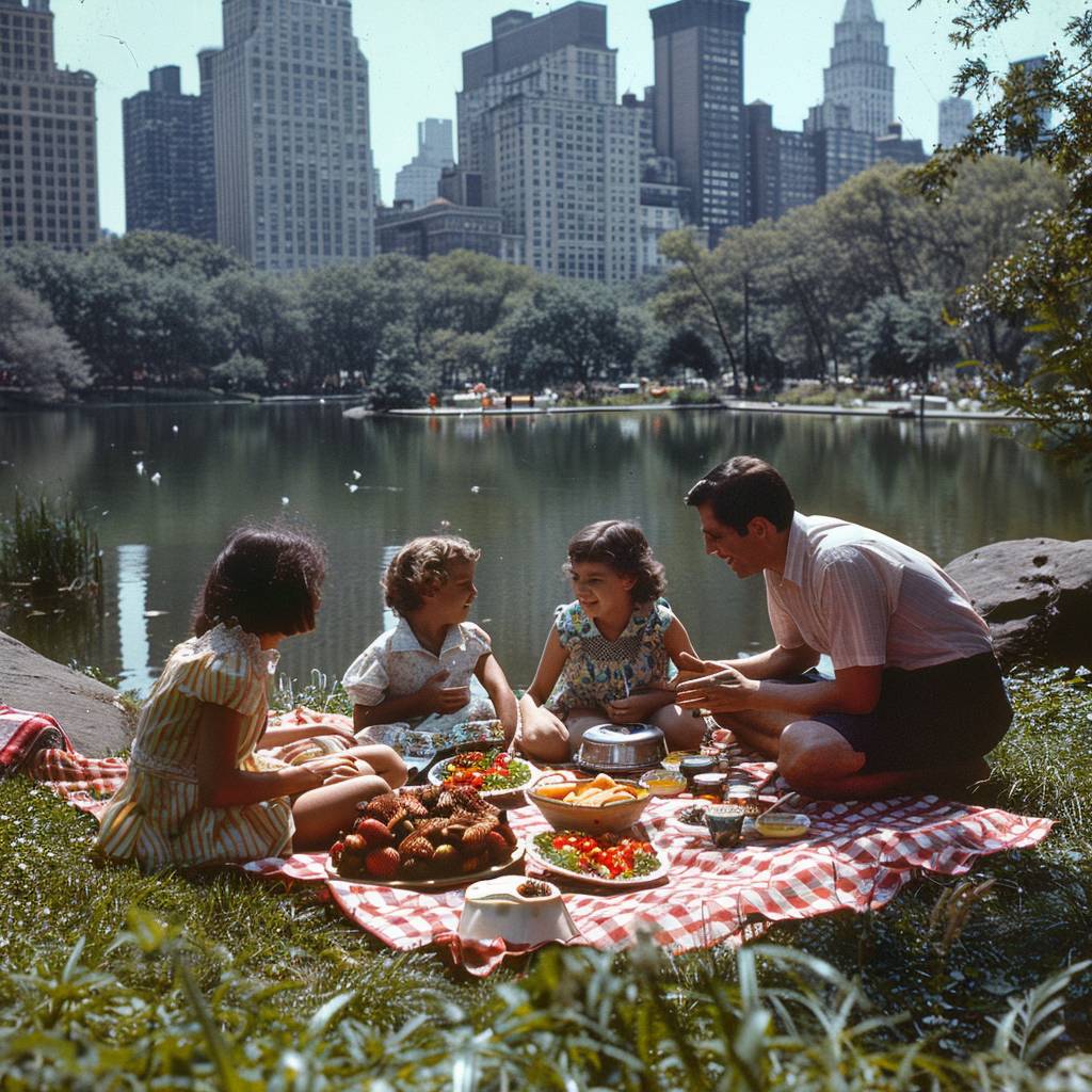 5人家族のピクニック。笑い声と会話。チェック柄のブランケット。1975年の夏、セントラルパーク。摩天楼、他のピクニッカー、池。広角、全体の写真。Rolleiflex 2.8F、フジカラープロ400Hフィルム使用。明るい日差し、食べ物のディテール、鮮やかな色彩。