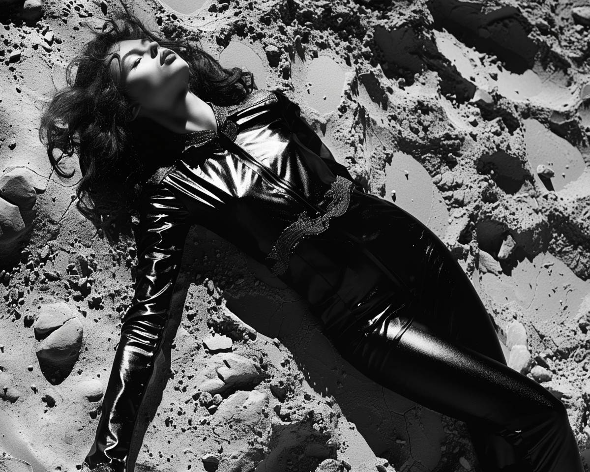 Black and white photo on the surface of the moon, a woman lying on the stony texture, wearing a black latex jumpsuit, creating a lonely and retro-futuristic atmosphere, detailed photograph, contrast between latex and moon