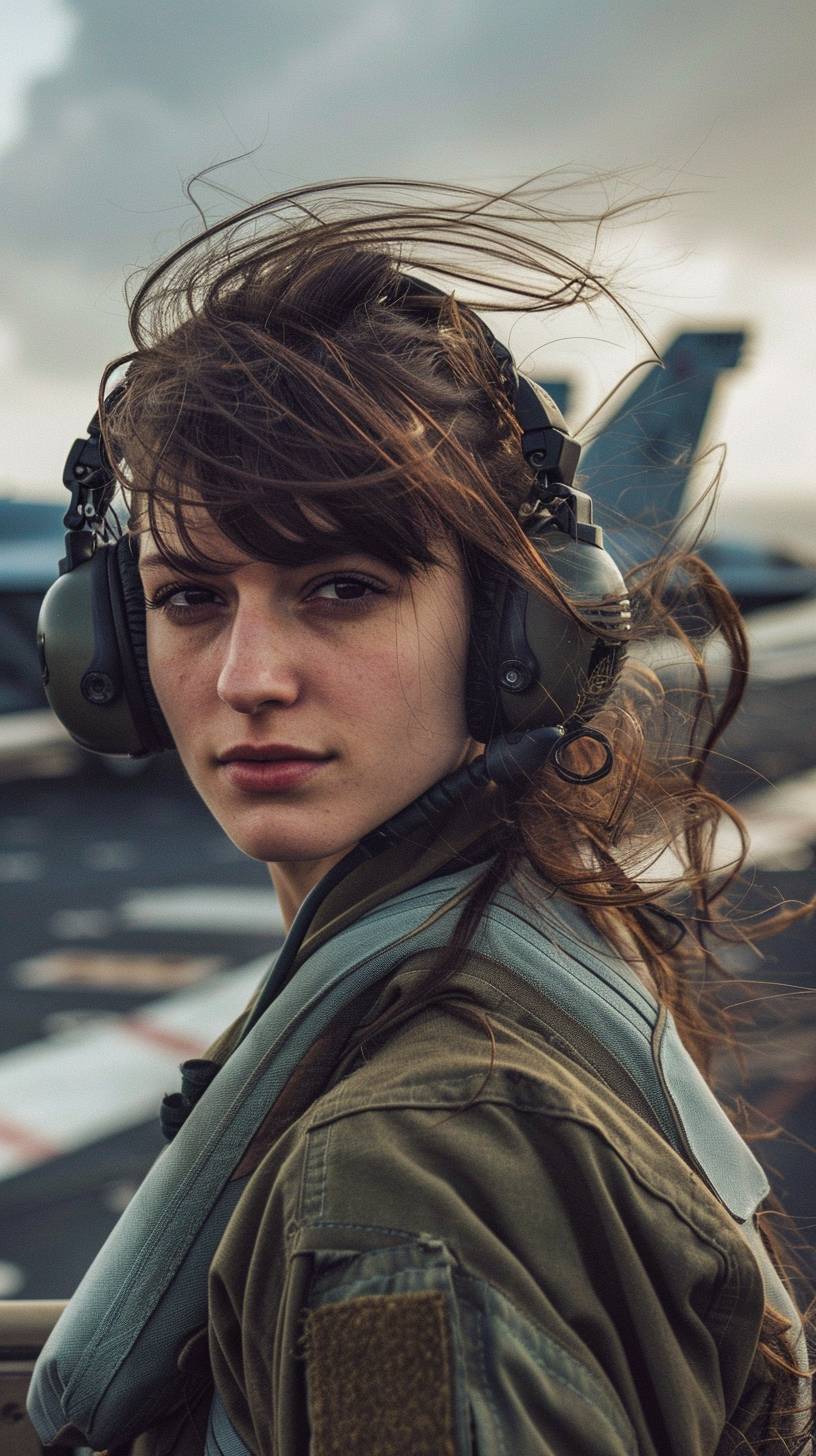A stunning cinematic profile shot captures a 24-year-old female flight deck crew member with brown eyes and chestnut curtain bangs hair. She wears hearing protection headphones as she boards a Navy aircraft carrier. The background features aircraft flying off the deck, adding a sense of action and excitement. The scene is beautifully composed with masterful use of natural daylight, highlighting sharp details and dynamic elements. The volumetric light creates a stunning environment, emphasizing the crisp, large-format quality of the shot. The woman, looking at the camera with a confident expression, embodies strength and determination, set against the breathtaking backdrop of the carrier and sky. This shot, taken with a Canon EOS C70 and a Canon 300mm f/2.8 lens, captures the essence of her role in a visually striking and engaging way.