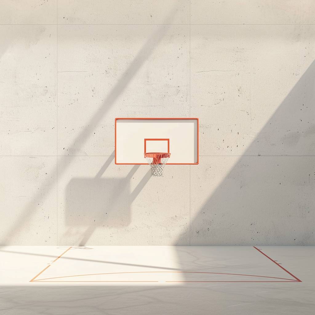 3D render in the style of Mirrors Edge featuring a basketball hoop, clean and uncluttered, centered in the scene, front view. The background is a clear white wall. Bright natural sunlight with minimal shadows. Outdoor natural light, emphasizing simplicity, sharp details, vibrant colors, modern sports aesthetics, white colors with orange highlights.