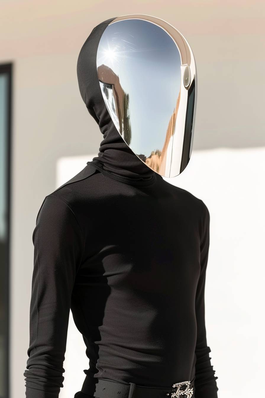 A man wearing black street clothes and his head covered by a drop made of reflective chrome, futuristic specular reflections, white background, dusk time in the desert, soft lighting, ultra photo realistic, captured on 35mm film.