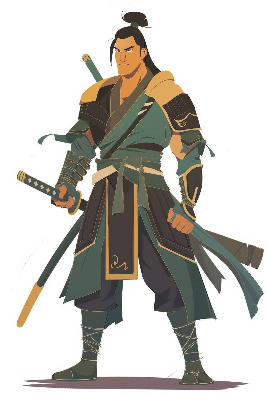 In the style of Gene Luen Yang, warrior character, full body, flat color illustration